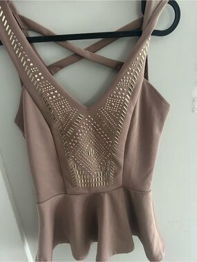 Charlotte russe Sleeveless v neck Beige Peplum Dress with Gold Stud Detail small